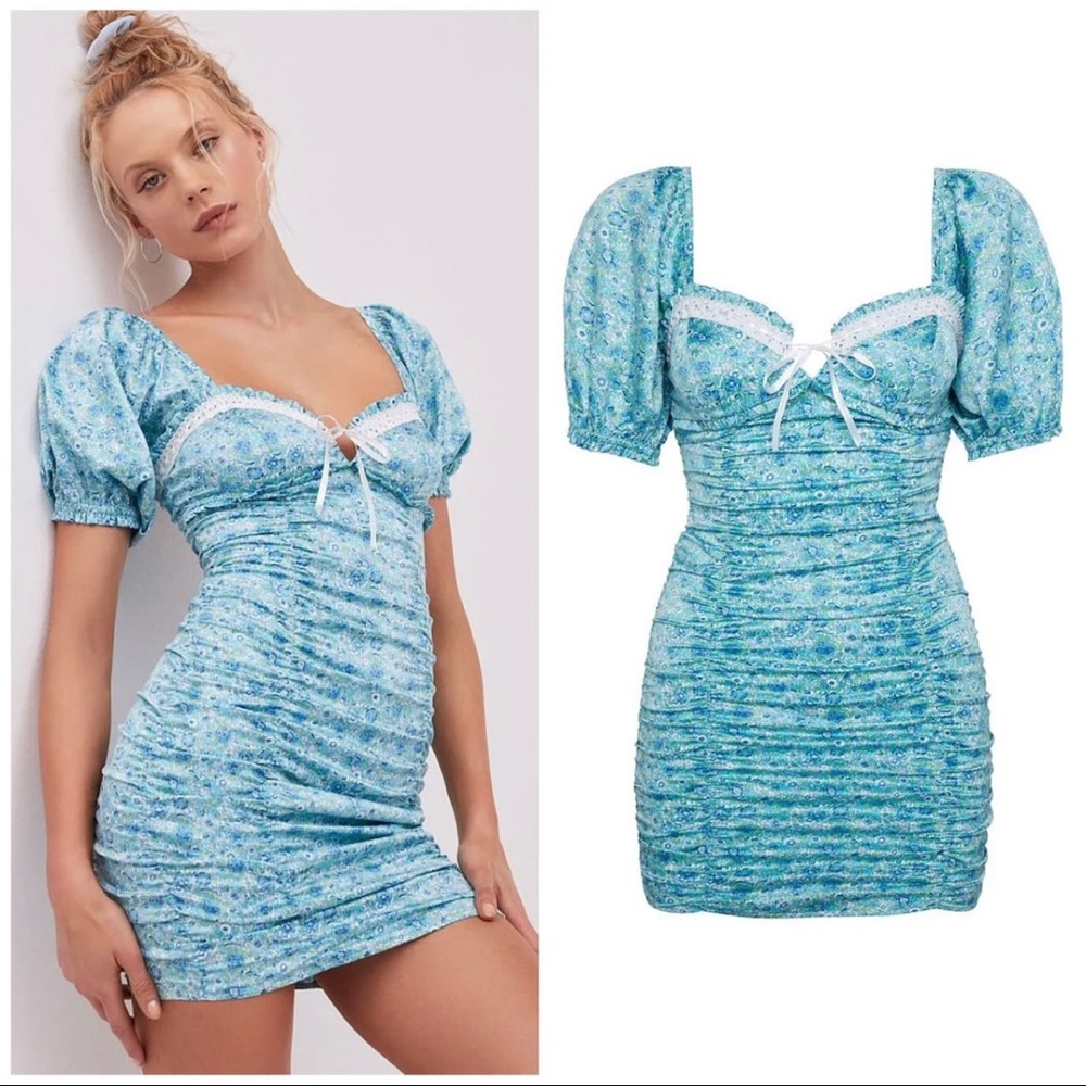 Blue Floral Puff Sleeve Dress